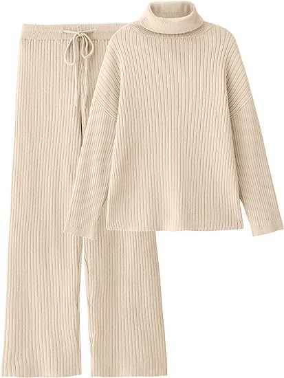 LILLUSORY Women's 2 Piece Outfits Turtleneck Sweaters Lounge Set and Wide Leg Pants Cozy Knit Sweatsuit Sets