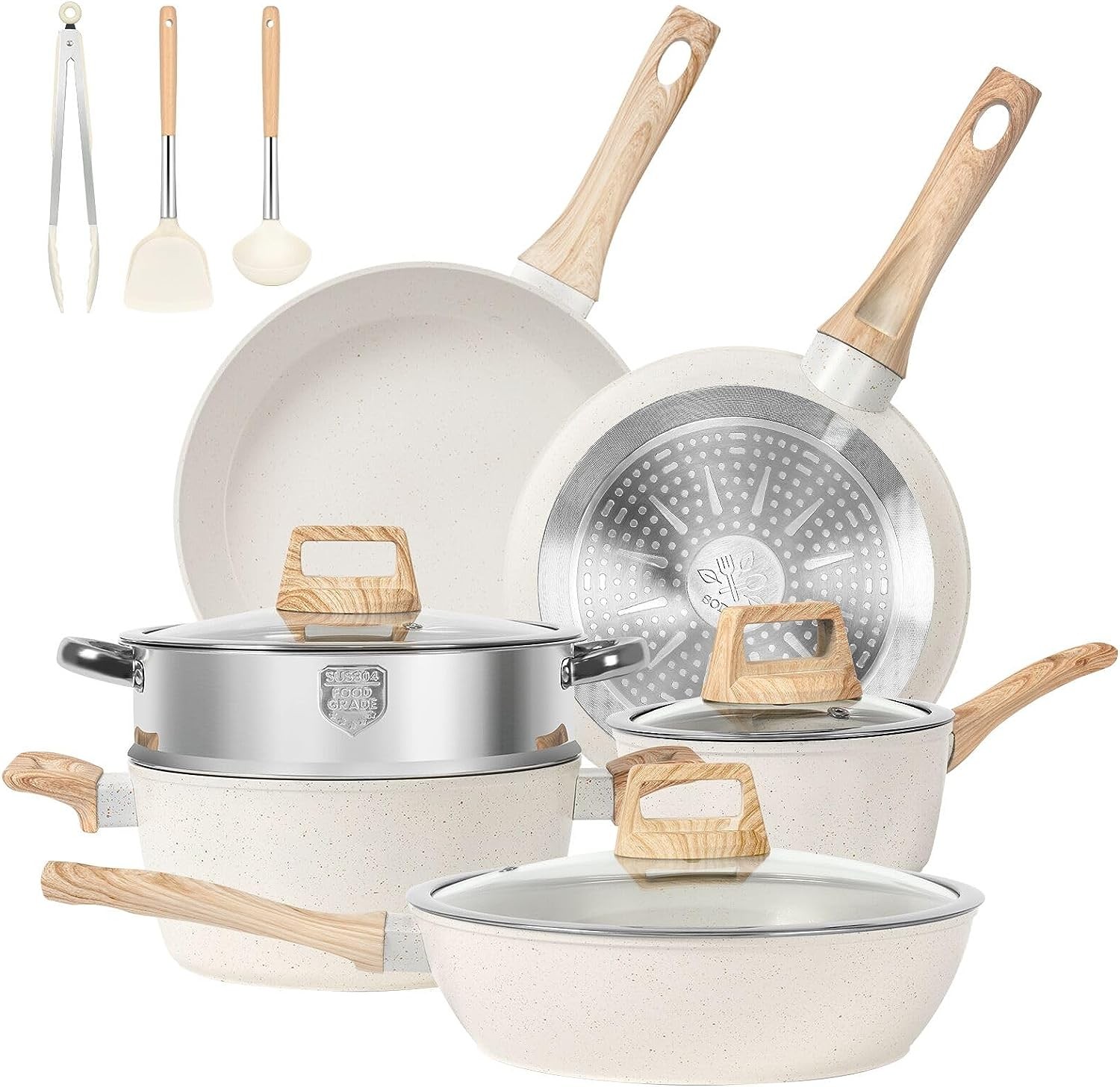 SODAY Pots and Pans Set, Nonstick For Kitchen, 12 Pcs Induction Cookware Granite Cooking Set with PFOS & PFOA Free Frying Pans, Saucepans, Steamer Silicone Shovel Spoon & Tongs (White)