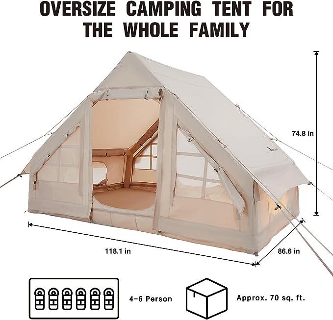 Moon Lence Glamping Inflatable Camping Tent for 4-6 Person, Easy Setup Cabin Tent for Camping, All-Season Waterproof/Windproof/Insulation Self-Supporting Air Tents with Mesh Windows and Wide Rainfly
